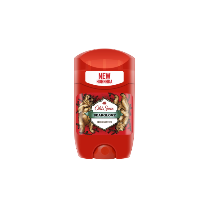 Red stick deodorant with a bear-themed design, featuring a white label that reads "Old Spice Bearglove" and "NEW HOBNIKKA" in bold text.