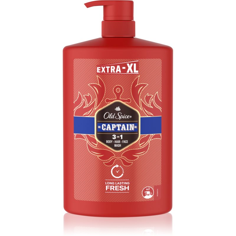 Red plastic bottle of Old Spice Captain Shower Gel + Shampoo, 1000ml, featuring a blue label with gold accents, and a pump dispenser for easy use.