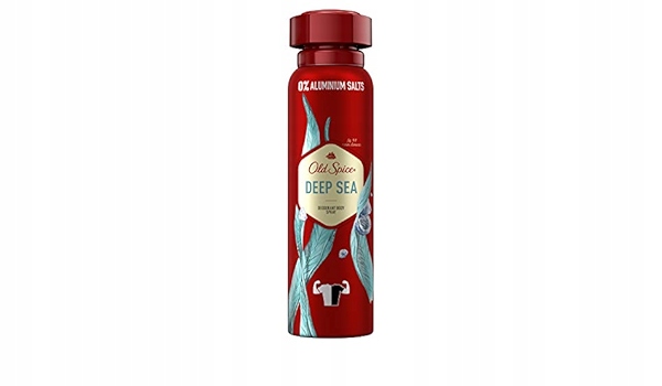 Red spray can with a sleek design, featuring a blue seaweed graphic, labeled "Old Spice Deep Sea," 250 ml, highlighting 48-hour freshness and 0% aluminum salts.