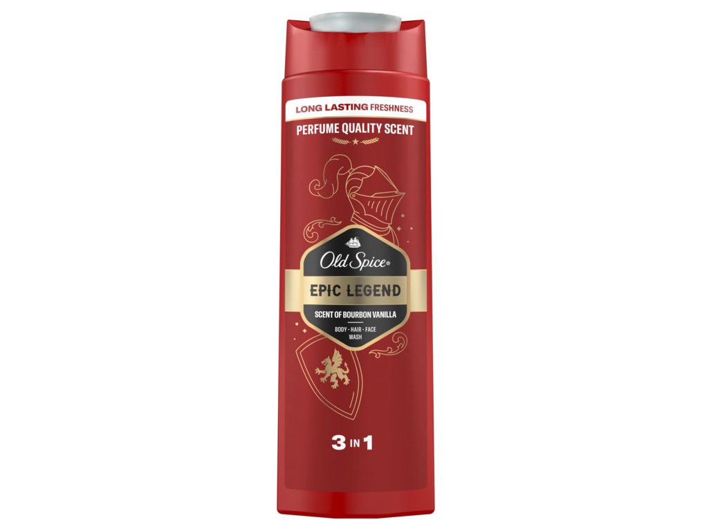 Red plastic bottle of Old Spice Epic Legend Shower Gel, featuring a gold label with "3 in 1" and "scent of bourbon vanilla," topped with a white flip cap.