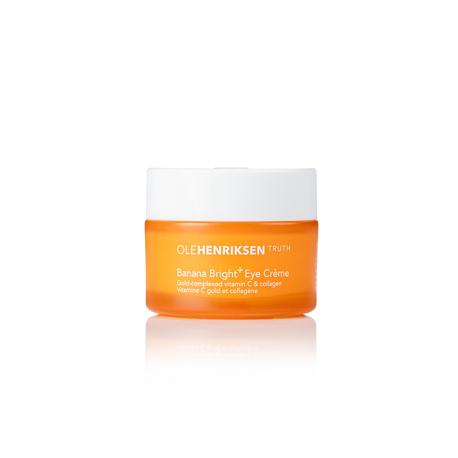Bright orange jar with a white lid, labeled "OLEHENRIKSEN Banana Bright+ Eye Crème," highlighting vitamin C and collagen benefits for dark circles, 0.5 oz / 15 ml.