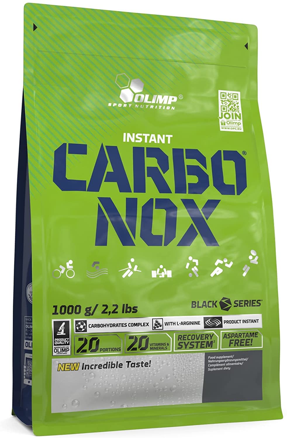 Bright green packaging with bold blue text reading "CARBO NOX," featuring a 1000-gram label, icons for nutrients, and a "NEW Incredible Taste!" banner at the top.