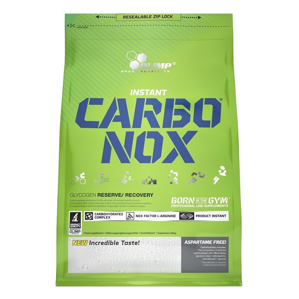 Bright green resealable bag of Olimp Nutrition Carbonox, featuring bold white text and strawberry graphics, highlighting its 1000 grams of instant carbohydrate supplement for recovery.