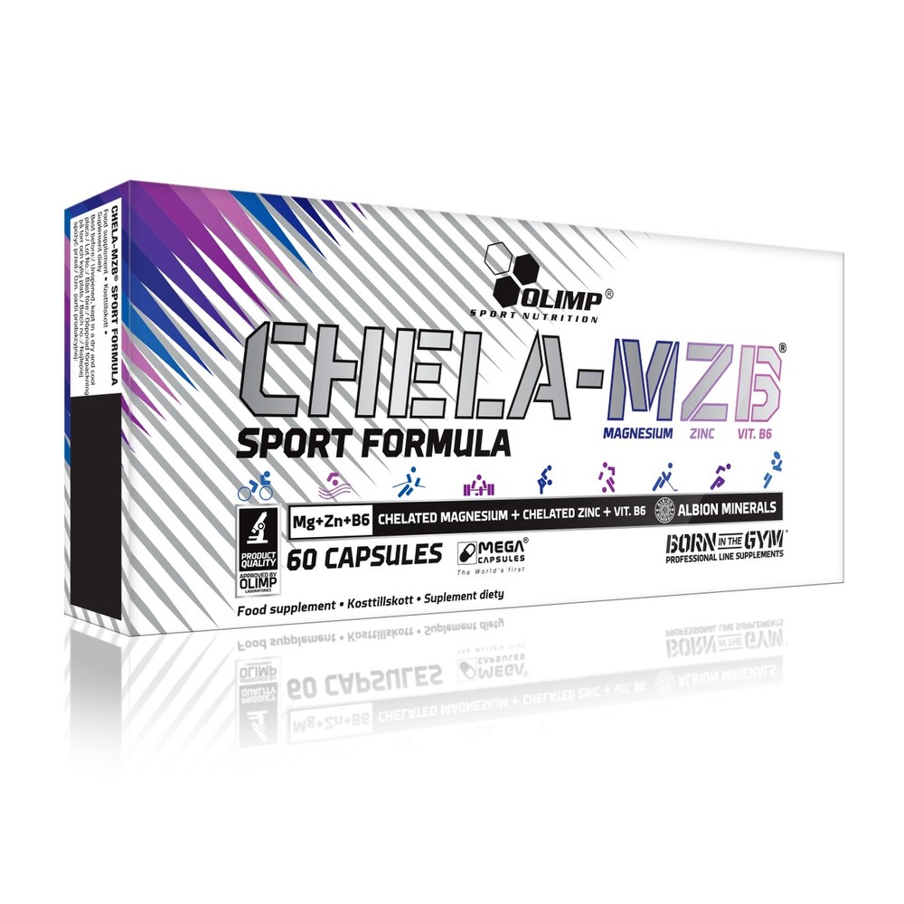 Olimp Nutrition Chela MZB Sport Formula box featuring a vibrant purple and white design, showcasing "60 Capsules" and key ingredients: magnesium, zinc, and vitamin B6.