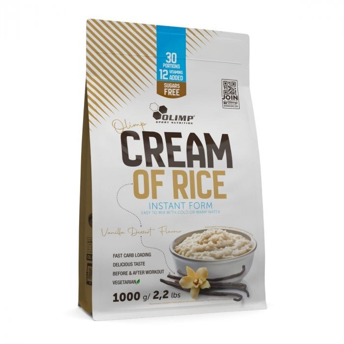 Olimp Nutrition Cream of Rice in a beige and white bag, featuring "Vanilla Dessert Flavor," highlights nutritional info and is labeled as sugar-free and vegetarian.
