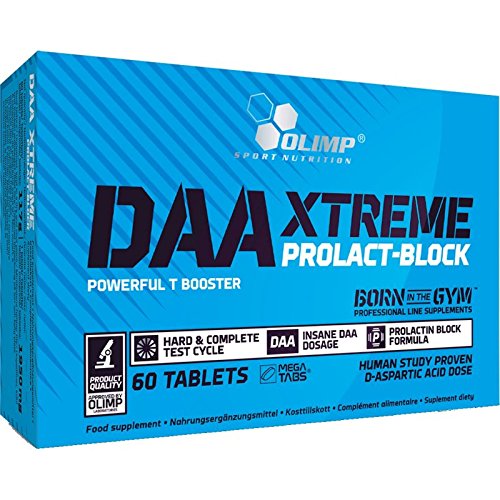 Bright blue box labeled "DAA Xtreme Prolact-Block" with white and yellow text, featuring "60 Tablets" and key phrases about testosterone boosting and human study proven formula.