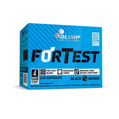 Bright blue box labeled "FORTEST" by Olimp Nutrition, featuring bold white text, icons highlighting benefits, and indicating it contains 120 capsules in the Black Series.