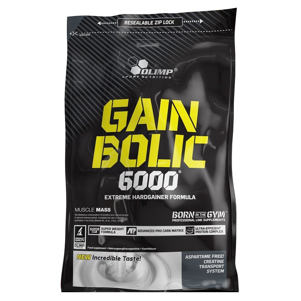 Black resealable bag of Olimp Nutrition Gain Bolic 6000, featuring a vibrant strawberry flavor label, highlighting "Extreme Hardgainer Formula" and "Muscle Mass" in bold text.