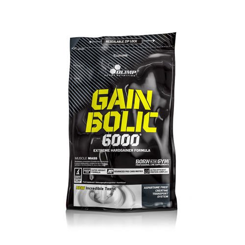 Black and silver resealable bag of Olimp Nutrition Gain Bolic 6000, featuring bold yellow text, labeled as Cookies Cream flavor, containing 1000 grams for 10 servings.