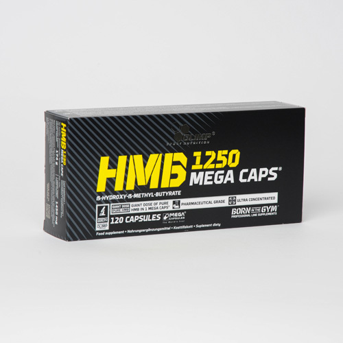Black and yellow box of Olimp Nutrition HMB Mega Caps, featuring bold text, with 300 capsules labeled as pharmaceutical grade and ultra concentrated for muscle support.