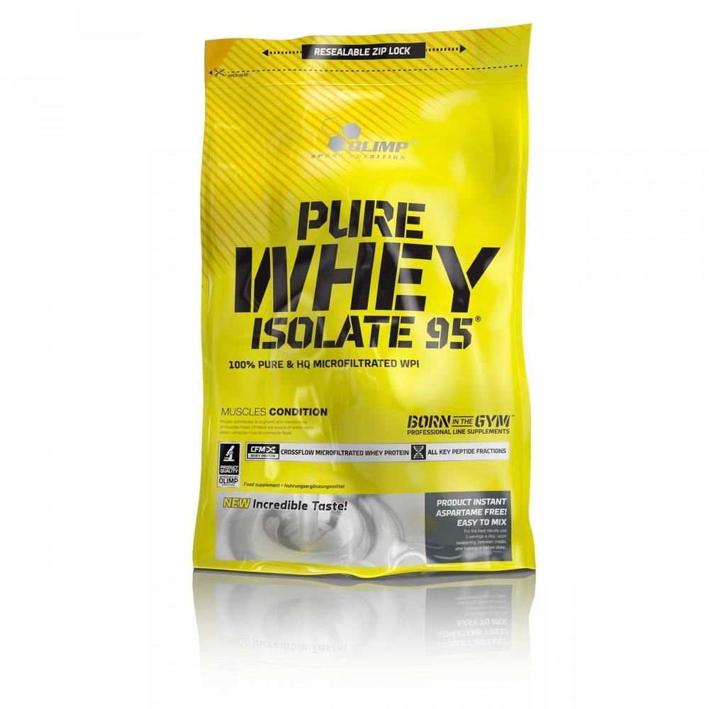 Bright yellow resealable bag of Olimp Nutrition Pure Whey Isolate 95, featuring bold black text, highlighting chocolate flavor and 600 grams of product, with a sleek, modern design.