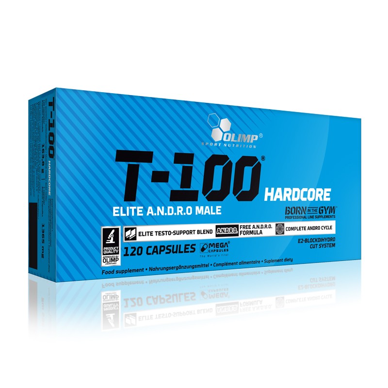 Bright blue box with the Olimp Nutrition logo, featuring "T-100 Hardcore" prominently, containing 120 capsules, labeled as an elite testoboost formula for male athletes.