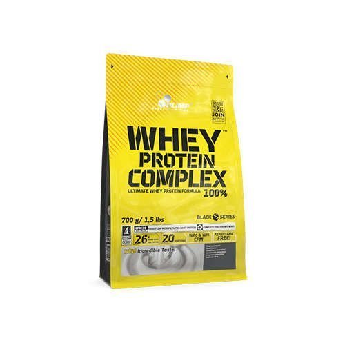 Bright yellow packaging with black accents, featuring "Whey Protein Complex 100%" and "Chocolate Cherry" labels, 700g size, emphasizing protein content and quality.