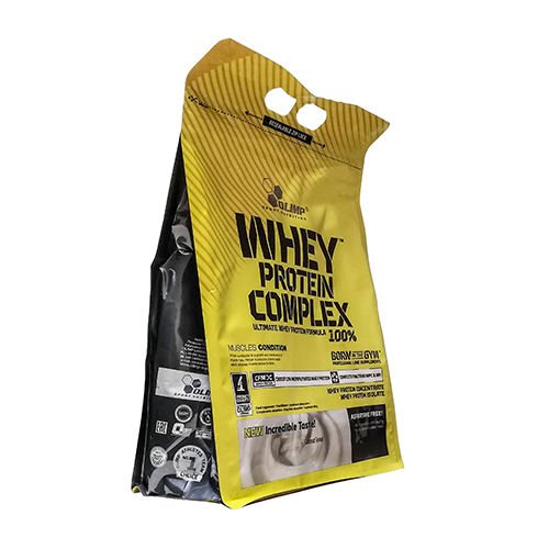 Yellow and black resealable bag of Olimp Whey Protein Complex 100%, Cookies & Cream flavor, featuring a clear label with nutritional information and a large logo.