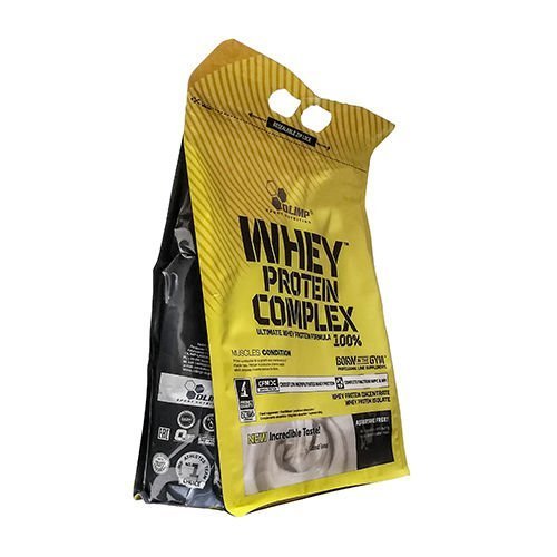 Yellow and black bag of Olimp Whey Protein Complex 100%, featuring a peanut butter flavor, with a resealable top and nutritional information on the front.