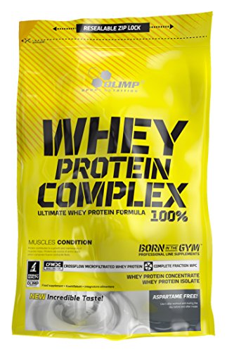 Bright yellow resealable pouch of Olimp Whey Protein Complex 100% with bold black text, featuring a strawberry flavor label and nutritional information on the back.