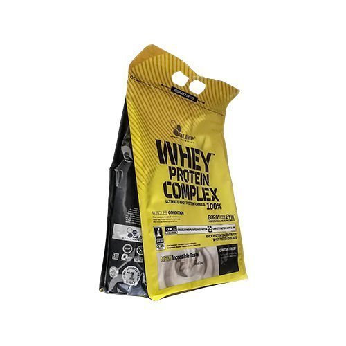 Yellow and black bag of Olimp Whey Protein Complex 100%, Vanilla flavor, weighing 2.27kg, featuring a resealable top and nutritional information on the back.