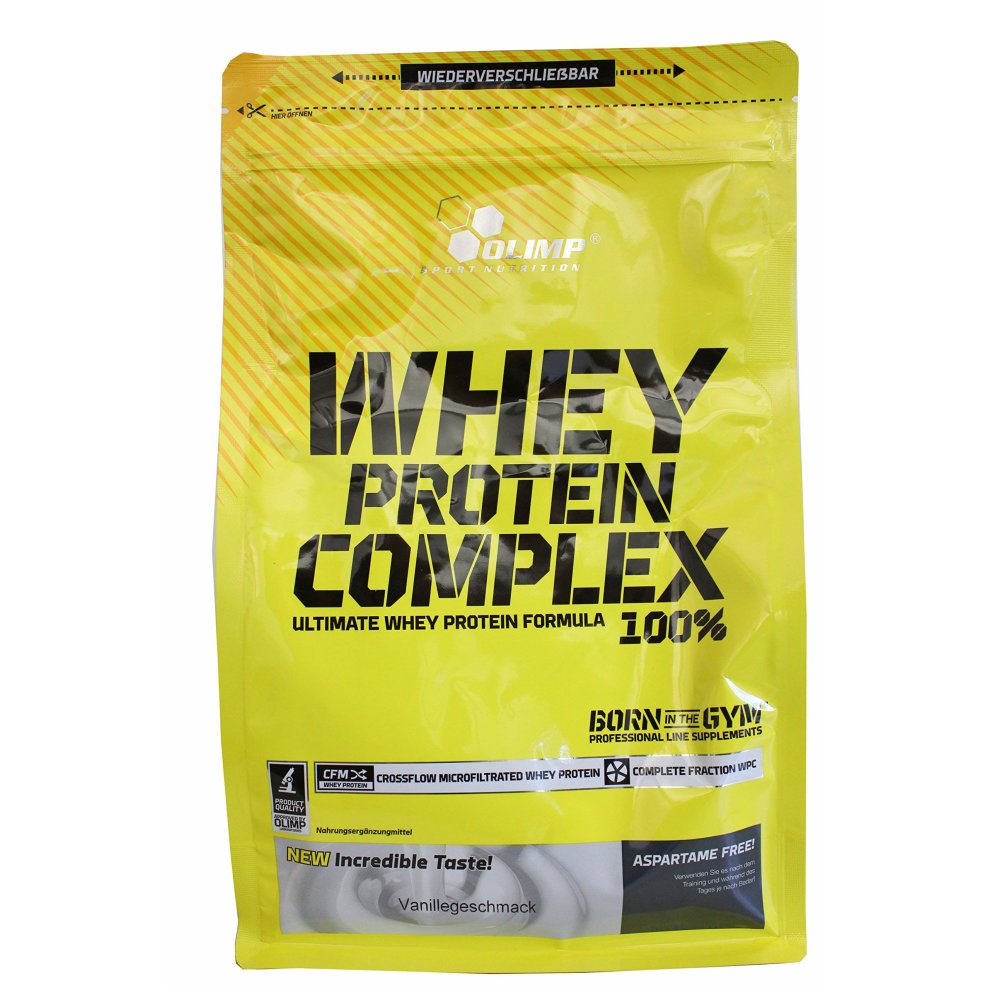 Bright yellow packaging featuring "Whey Protein Complex 100%" in bold black letters, with details on protein content and flavor (vanilla), and a resealable top.
