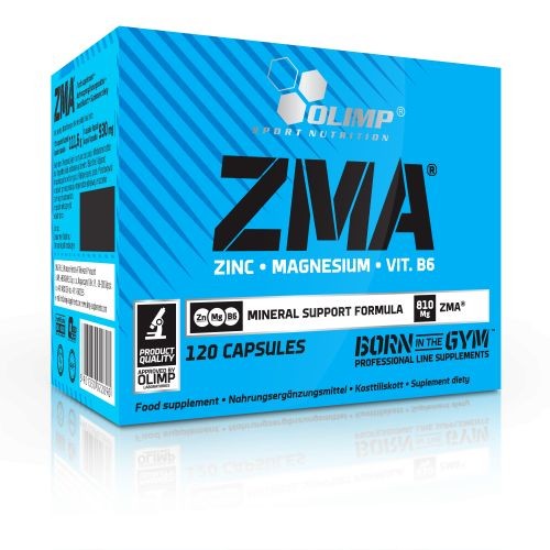 Bright blue box labeled "ZMA" with white text, featuring "Zinc - Magnesium - Vit. B6," containing 120 capsules, and a logo for Olimp Nutrition.