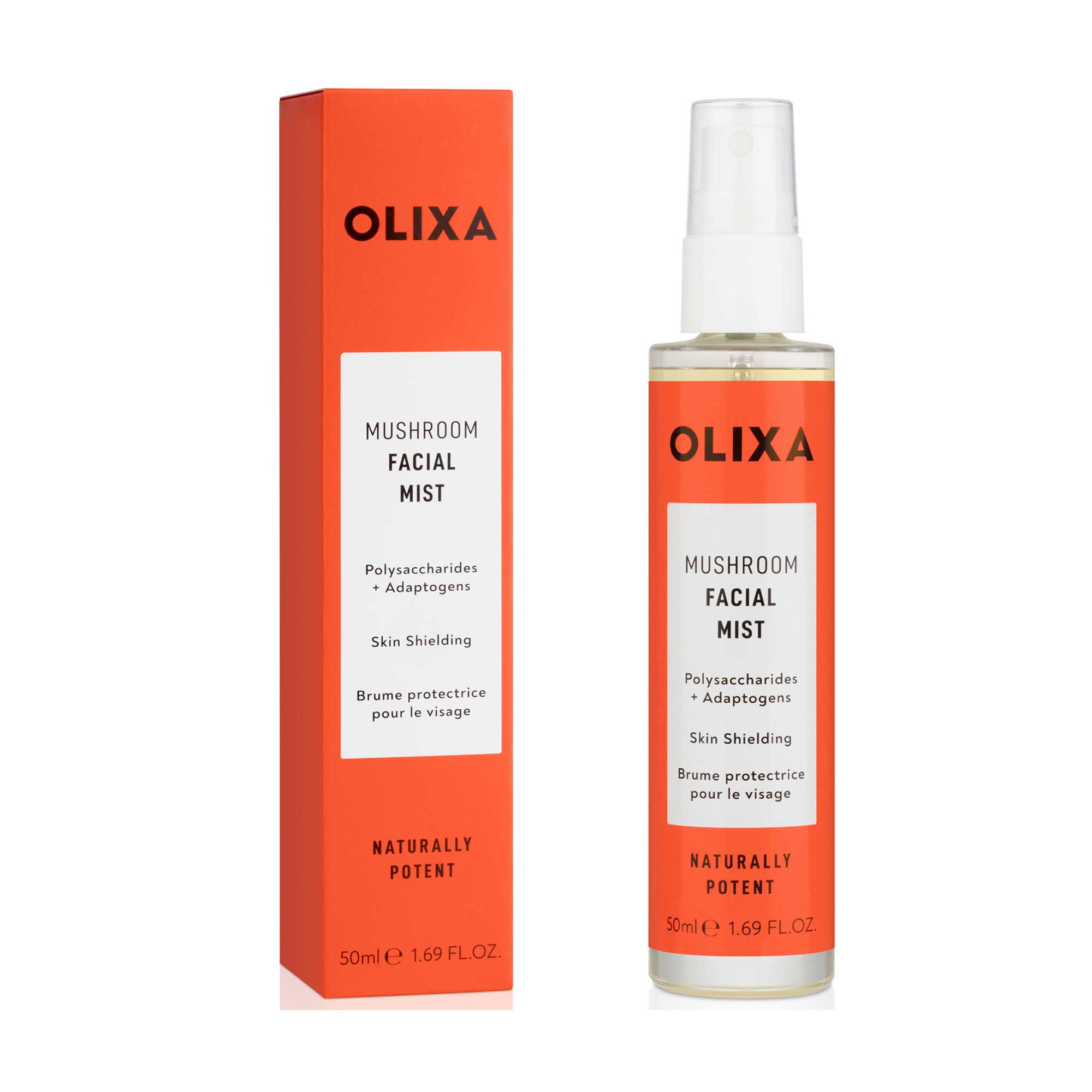 Clear spray bottle with an orange label, featuring "Olixa" branding and product details; accompanied by a matching orange box, both highlighting mushroom and adaptogen ingredients.