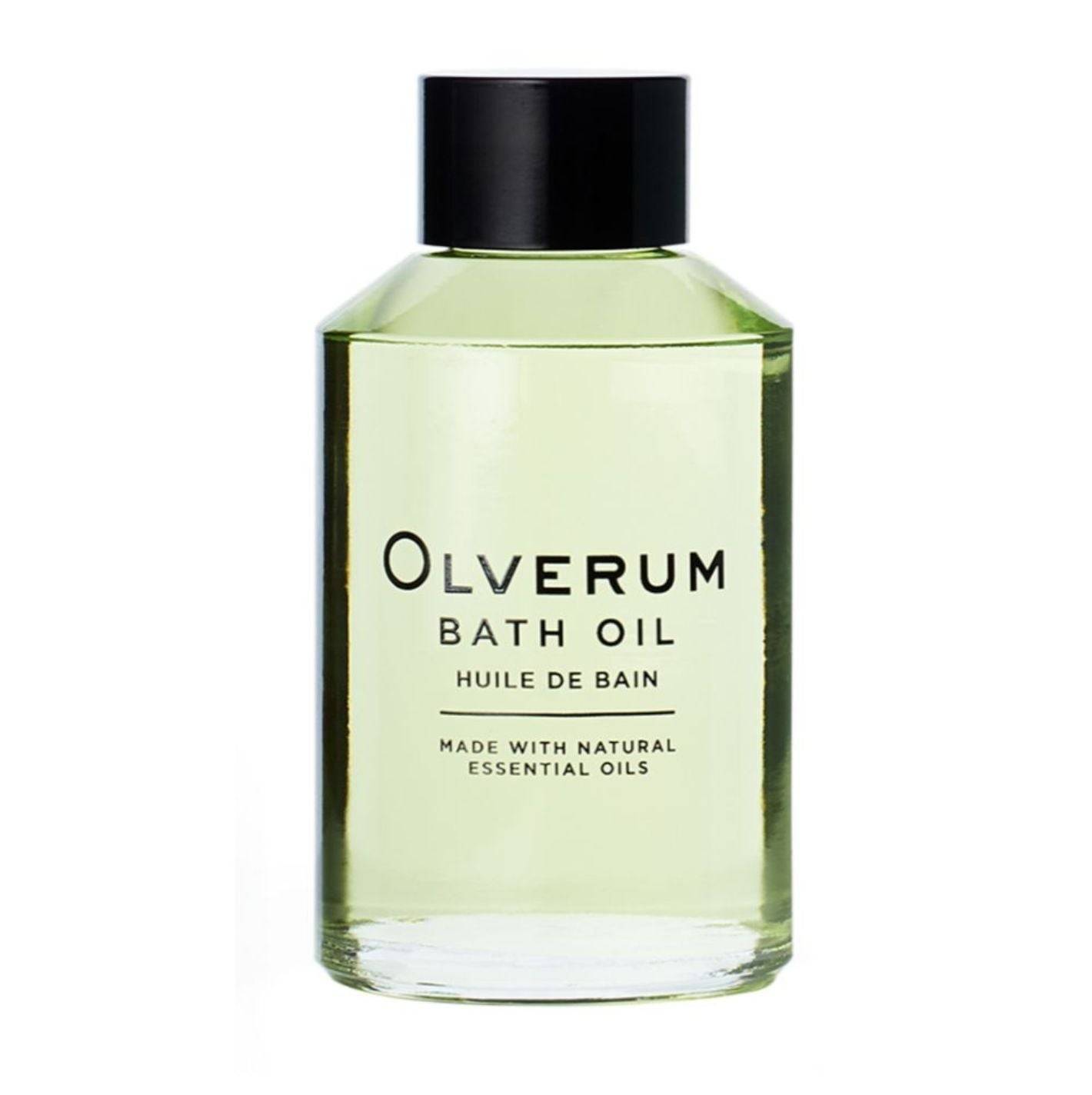 Clear glass bottle of OLVERUM Bath Oil, 60ml, featuring a black cap and labeled with "Olverum Bath Oil" and "Made with natural essential oils" in elegant font.