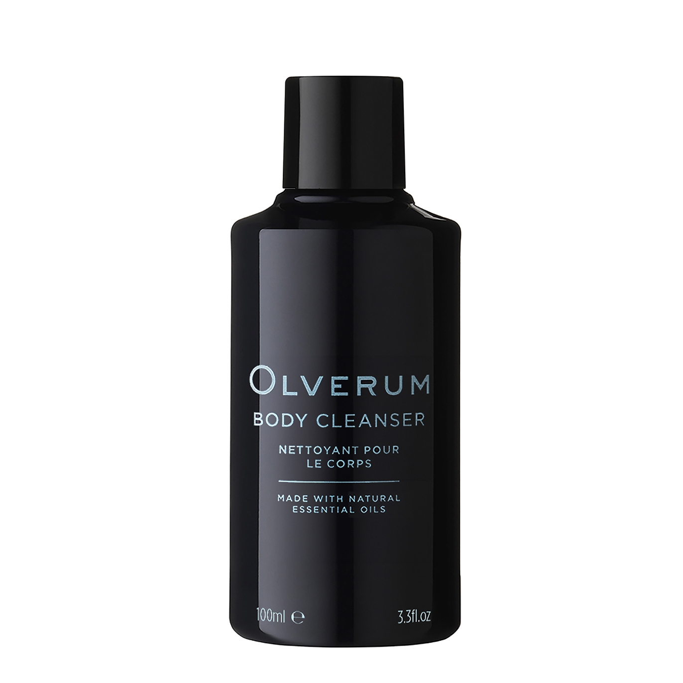 Black bottle of Olverum Body Cleanser, 100ml, featuring a sleek design with white and turquoise text, emphasizing natural essential oils.