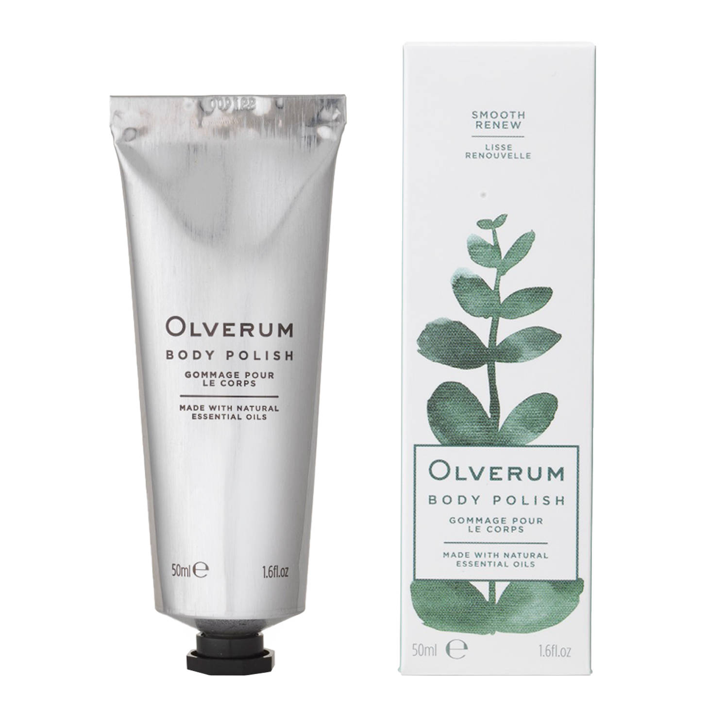 Silver tube of OLVERUM Body Polish (50ml) next to a green and white box featuring a leaf design, highlighting its natural ingredients and smooth renewal properties.