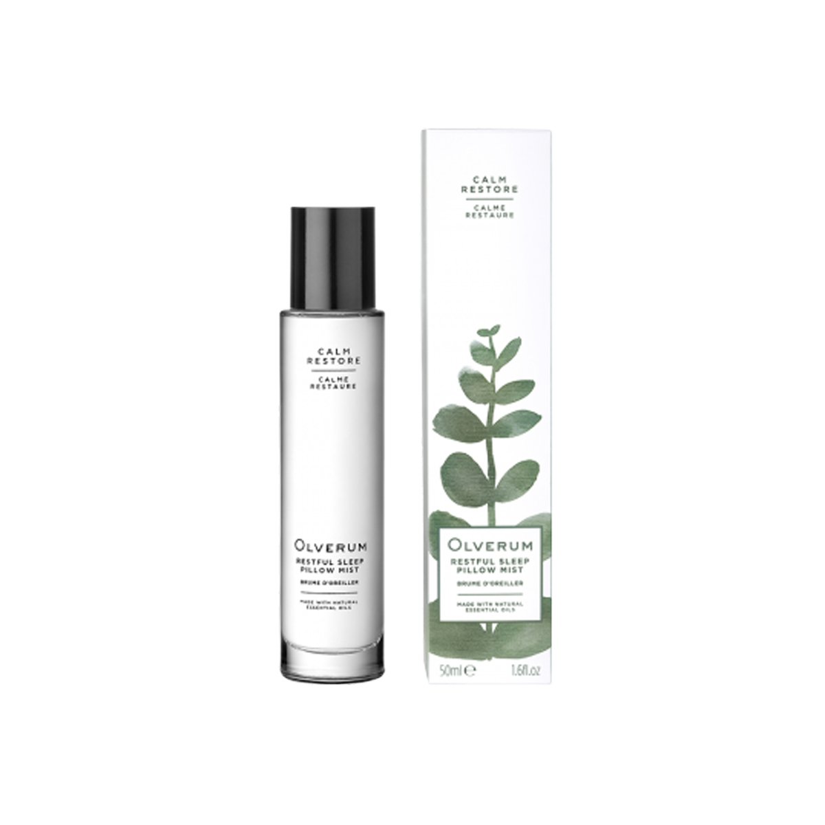 Clear glass bottle with a black spray cap, labeled "Olverum Restful Sleep Pillow Mist 50ml," alongside a white box featuring green botanical illustrations.