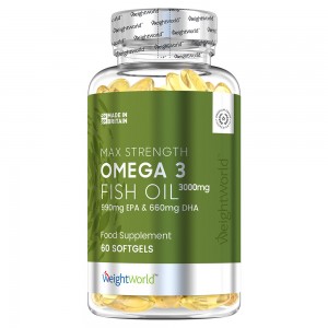 Clear plastic bottle containing softgel capsules, labeled "WeightWorld Omega 3 Fish Oil 2000mg," featuring a green and white design, with dosage details prominently displayed.