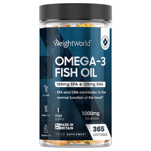 Clear plastic container filled with golden softgels, labeled "WeightWorld Omega 3 Fish Oil 1000mg," featuring a blue and black design, indicating non-GMO, gluten-free, and lactose-free.