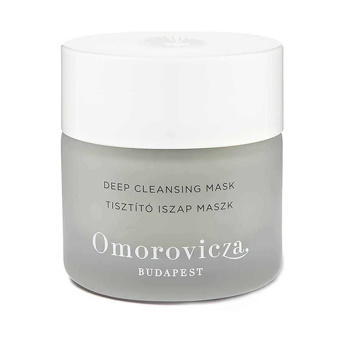 Gray glass jar with a white lid, labeled "Omorovicza Deep Moor Mud Maschera Deep Cleansing" in elegant font, showcasing a luxurious skincare product.