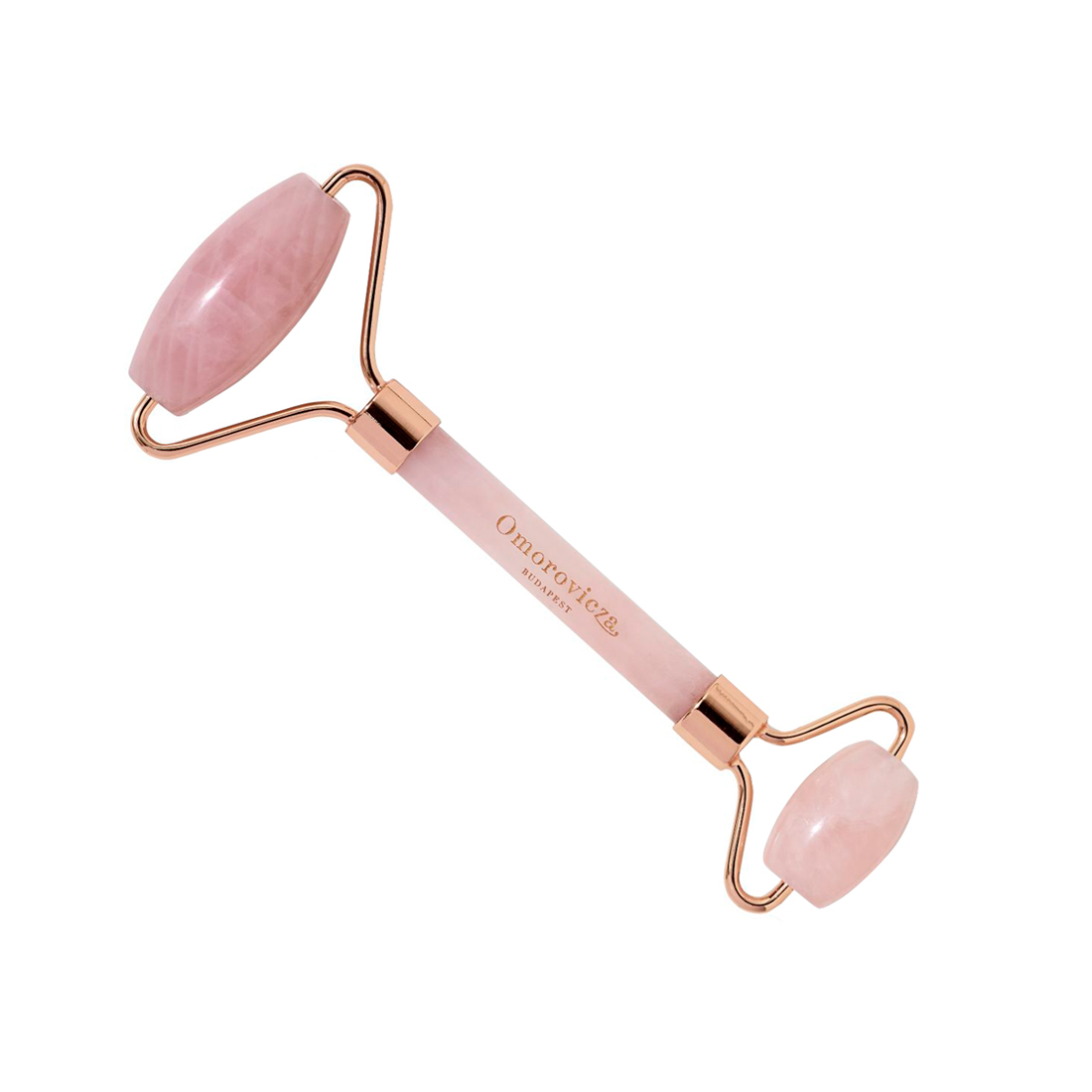 A rose quartz facial roller with a smooth, pale pink stone and gold-toned metal accents, featuring two rounded ends for skincare application.