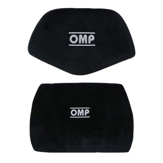 Black OMP head and lumbar cushion set featuring a sleek design, soft suede-like material, and prominent white OMP logo, ideal for enhancing comfort in gaming or office chairs.