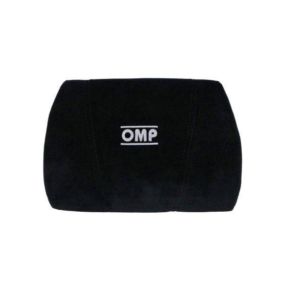 Black lumbar cushion made of soft suede-like material, featuring stitched detailing and an embroidered OMP logo in white for gaming or office chairs.