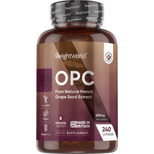 Brown plastic bottle labeled "OPC" with purple accents, containing 240 capsules of French grape seed extract, marked as vegan, non-GMO, and gluten-free, with a 500 mg dosage per capsule.