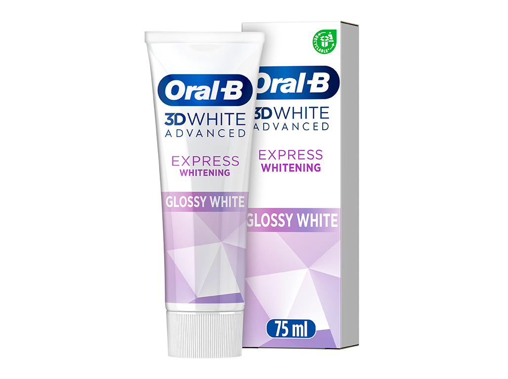 White toothpaste tube with a purple and white geometric design, labeled "Oral-B 3D White Advanced Express Whitening," alongside a matching box, both featuring a glossy finish.