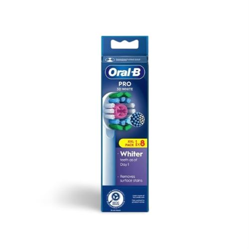 Oral-B Pro 3D White toothbrush heads in a blue and white box, featuring eight replacement heads designed to remove surface stains and promote whiter teeth.