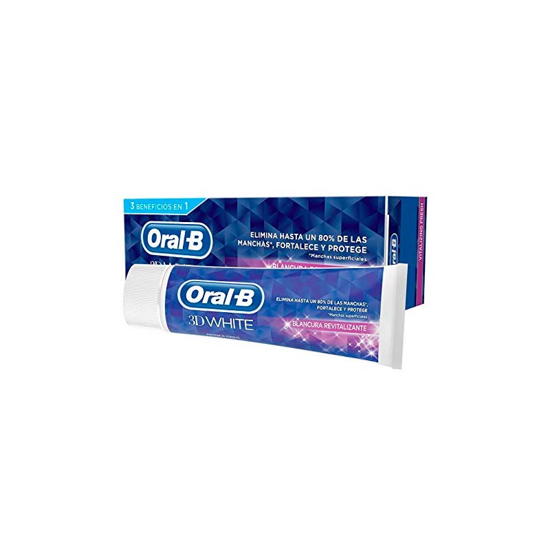 Oral-B 3D White Vitalizing Toothpaste in a 75 ml tube, featuring a white and blue design with pink accents, emphasizing stain removal and protection benefits.