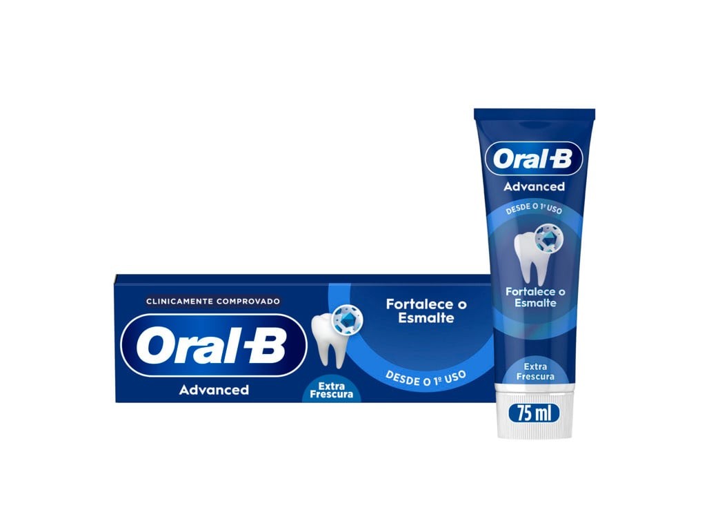 Oral B Advanced toothpaste in a blue tube with a white cap, featuring a graphic of a tooth and globe, alongside a matching blue box, both labeled "Fortalece o Esmalte" and "75 ml."