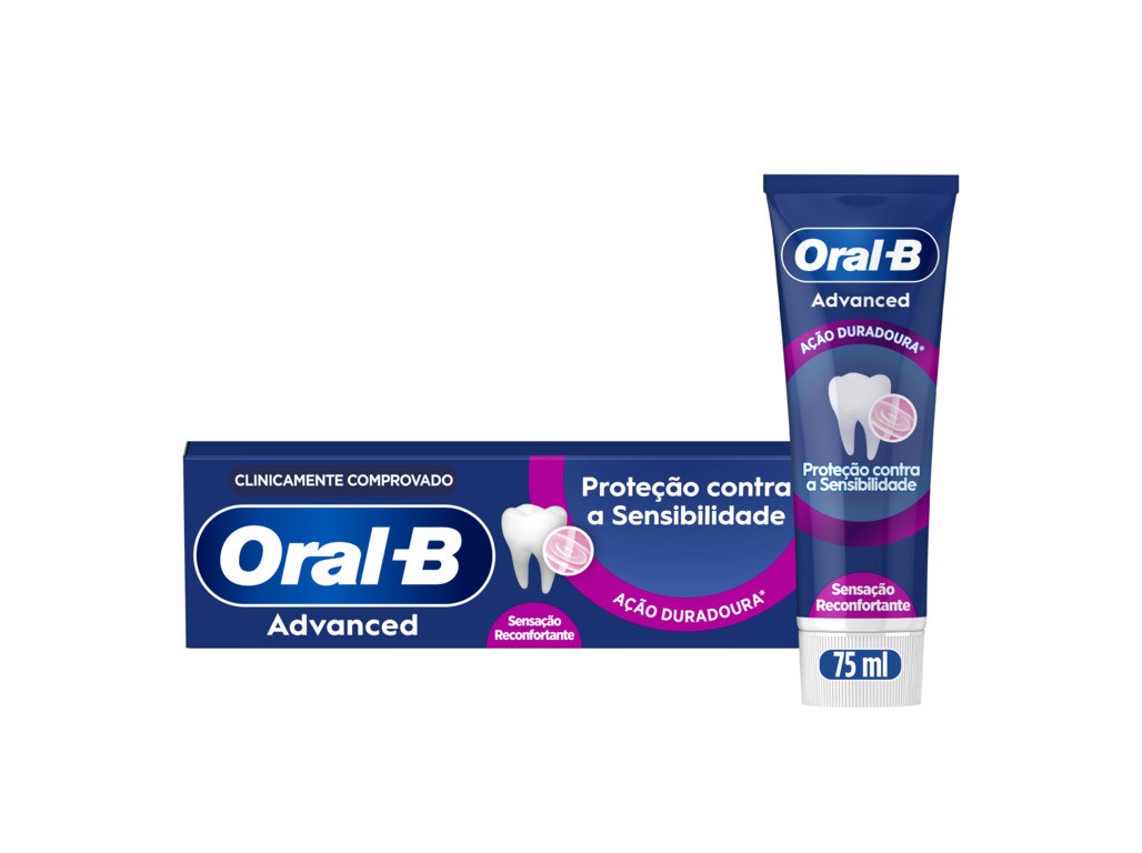 Oral B Advanced toothpaste tube and box, featuring a blue and white color scheme, highlighting sensitivity protection and a 75ml size, with a tooth graphic on the packaging.