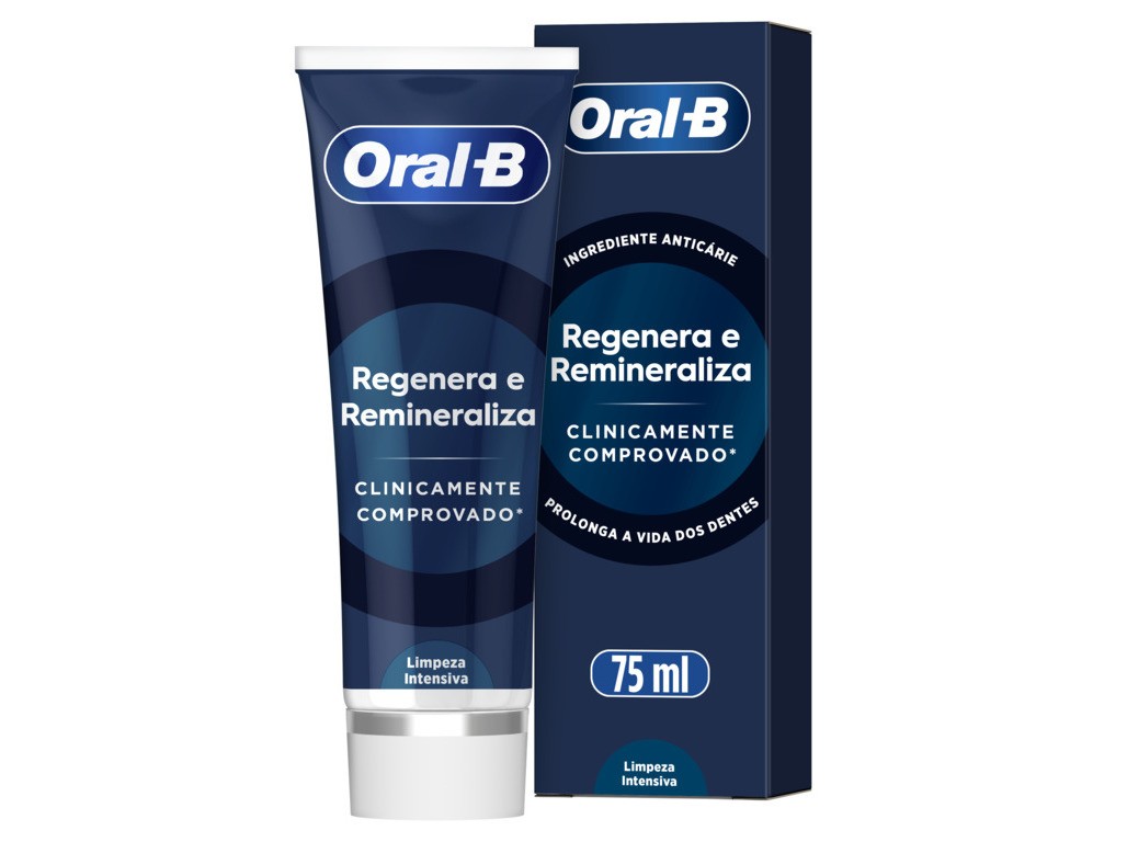 Oral B Clinical toothpaste in a 75ml blue tube with a dark blue box, featuring text about regeneration and remineralization, highlighting its clinically proven formula.