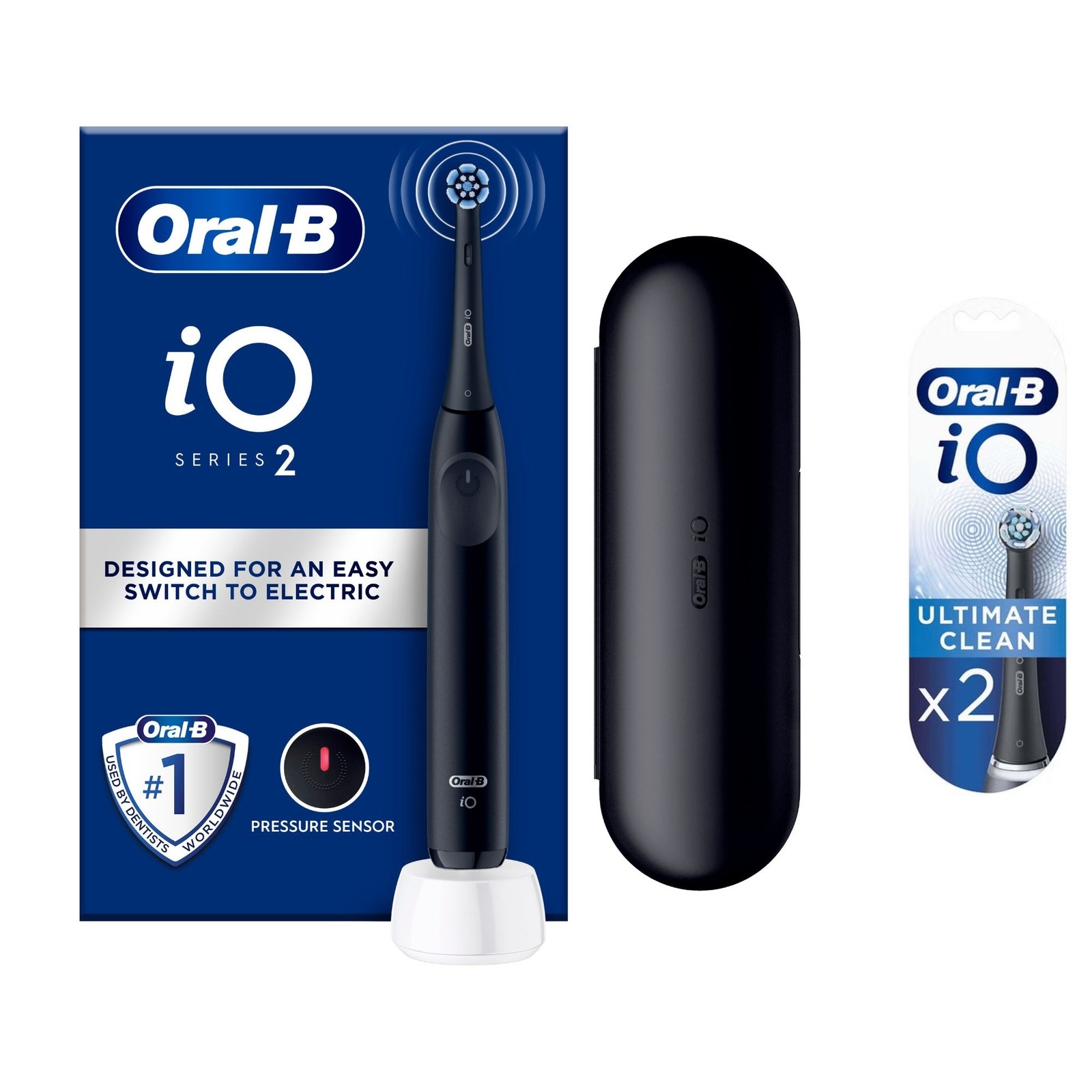 Black Oral-B IO2 electric toothbrush with a sleek design, pressure sensor, and a white charging base, accompanied by a matching travel case and a pack of two replacement brush heads.
