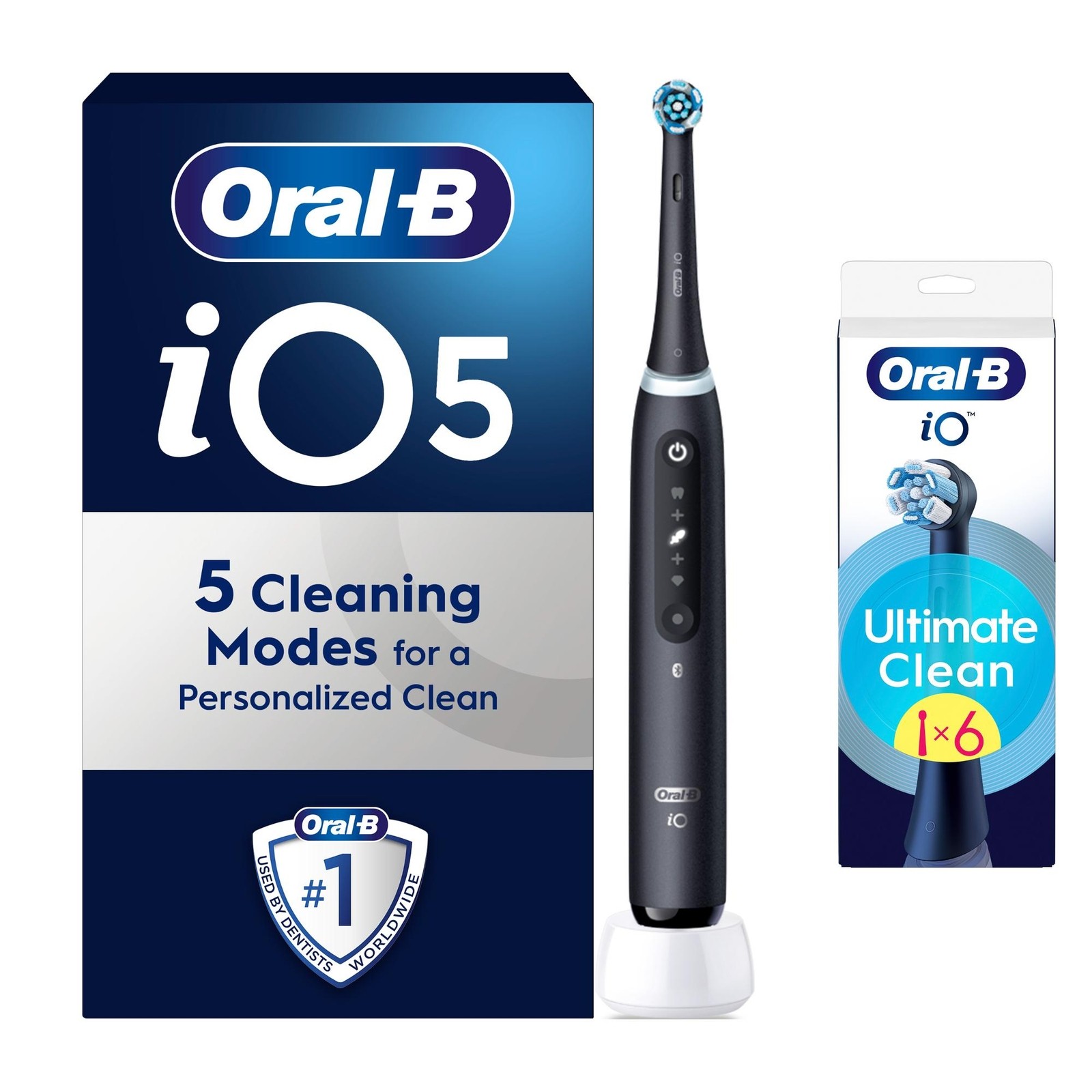 Matt black Oral-B IO5 electric toothbrush with a blue brush head, featuring five cleaning modes, accompanied by four replacement toothbrush heads and sleek packaging.