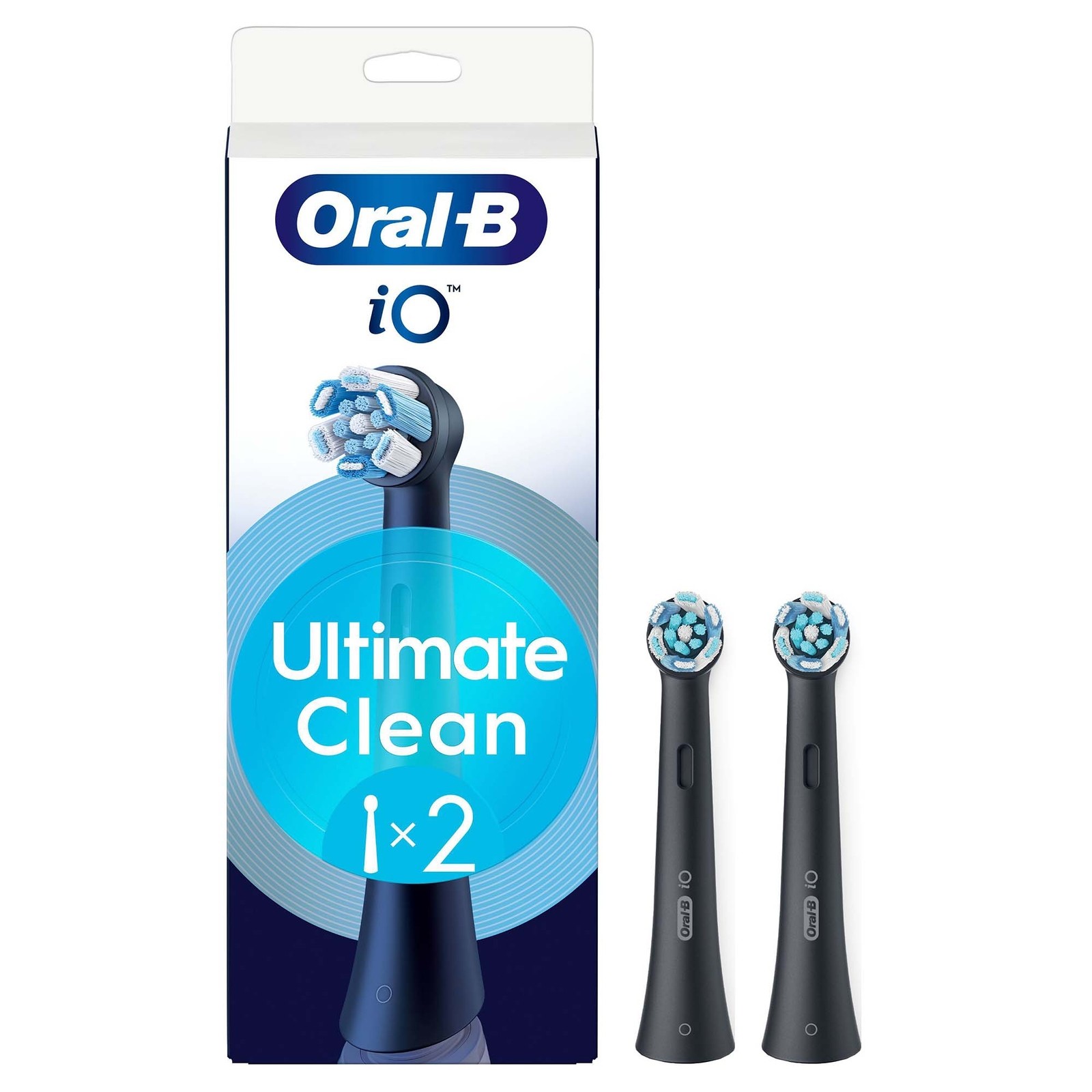 Black Oral-B IO Ultimate Clean refill heads in a sleek packaging, featuring two brush heads with blue and white bristles, designed for effective dental cleaning.