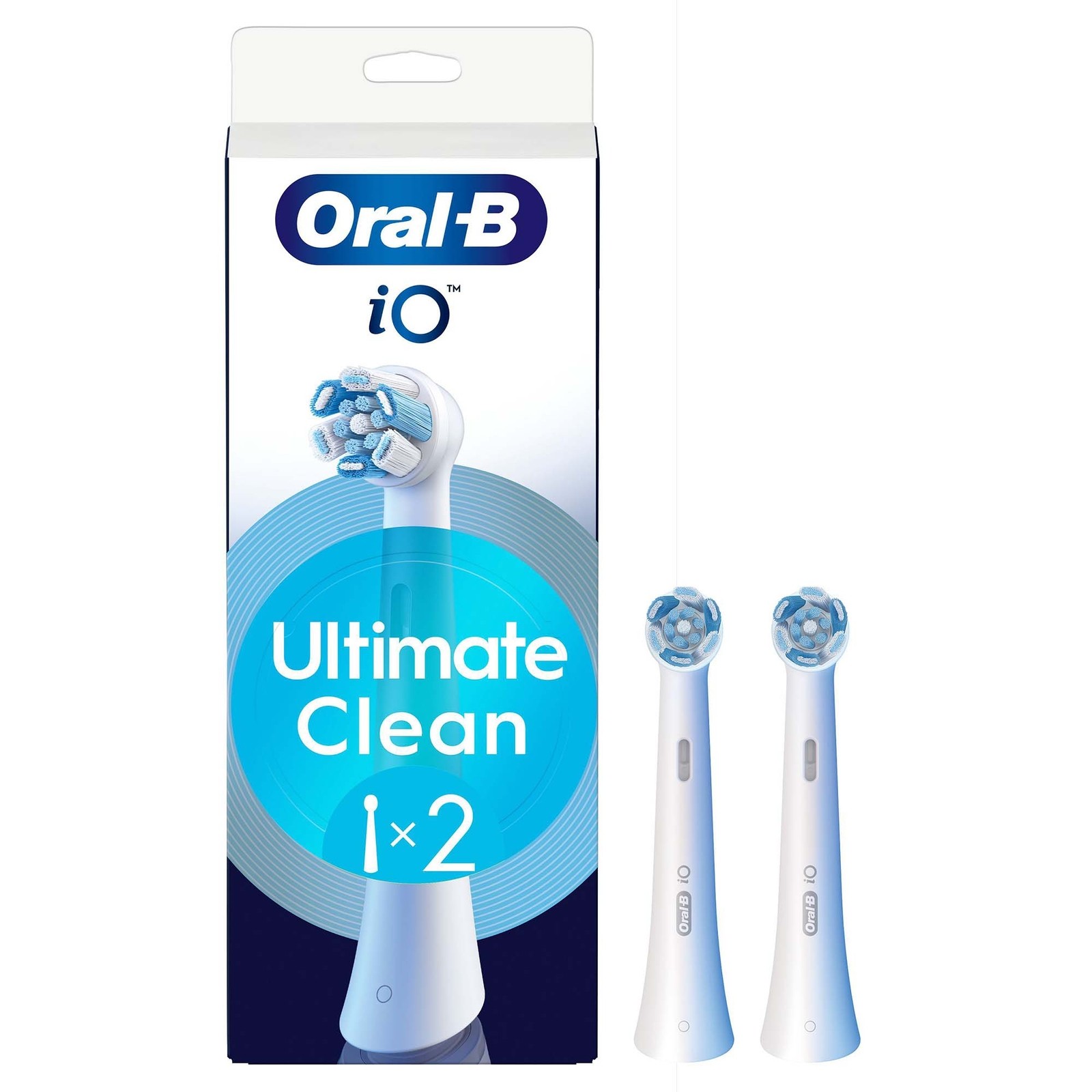 Two white Oral-B IO Ultimate Clean refill heads are displayed in a blue and white packaging, featuring a circular design and soft bristles for effective cleaning.