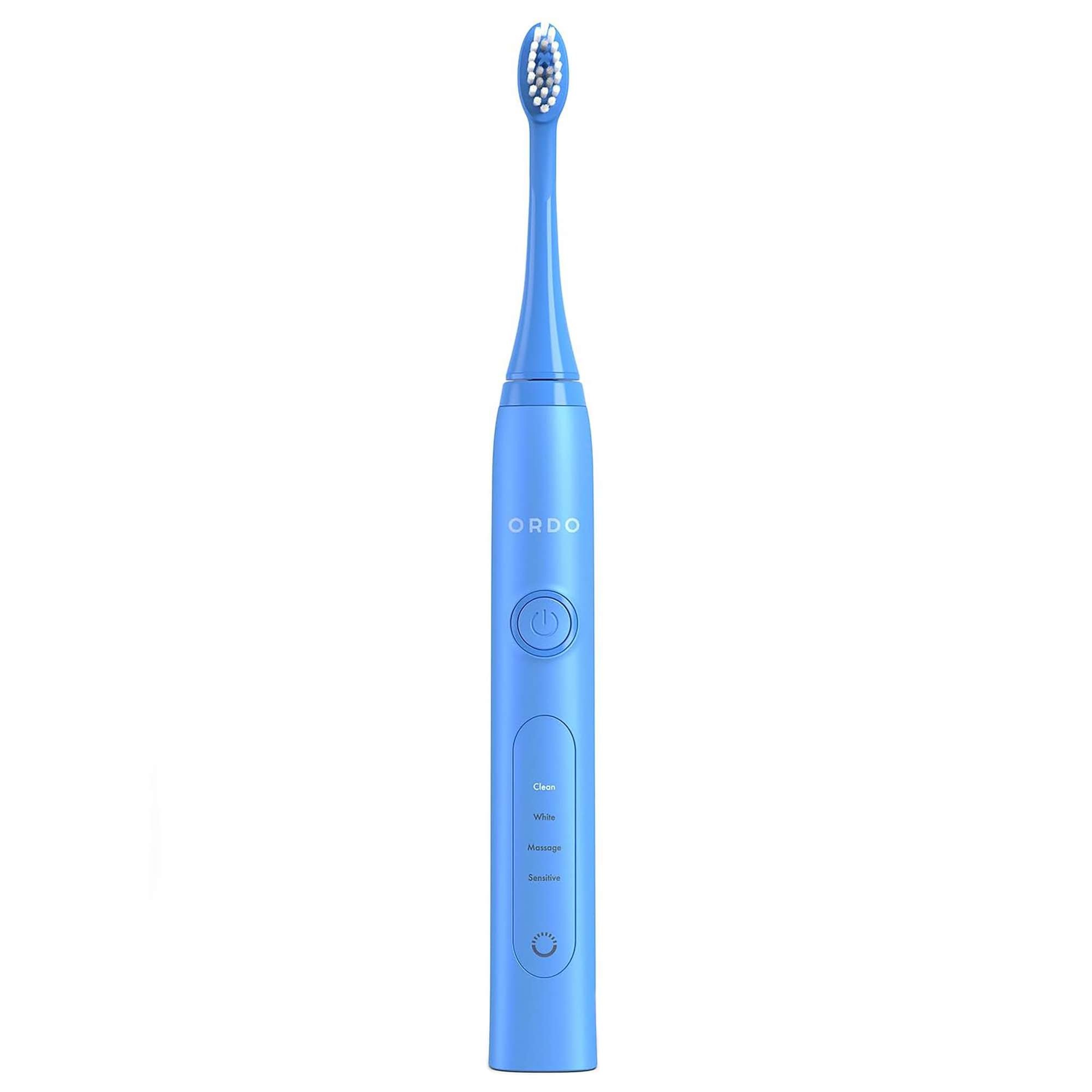 Sleek blue Ordo Sonic+ electric toothbrush featuring a slim design, a power button, and three cleaning modes, with a textured bristle head for effective cleaning.