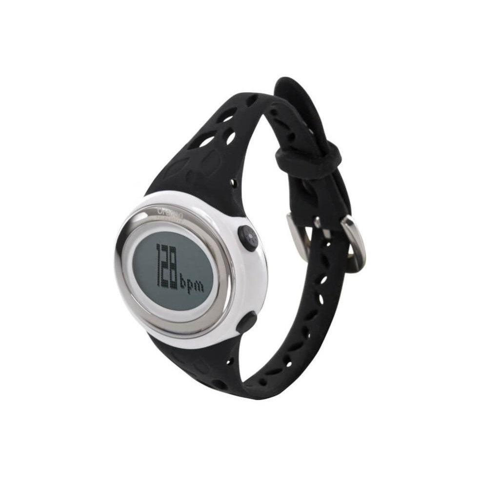 Black silicone strap heart rate monitor watch with a round silver bezel, digital display showing "128 bpm," and a sleek, sporty design.