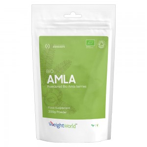 Organic Amla Powder in a 200g resealable white pouch with a green label, featuring the text "Bio Amla" and certification logos, highlighting its purity and origin from Indian gooseberries.
