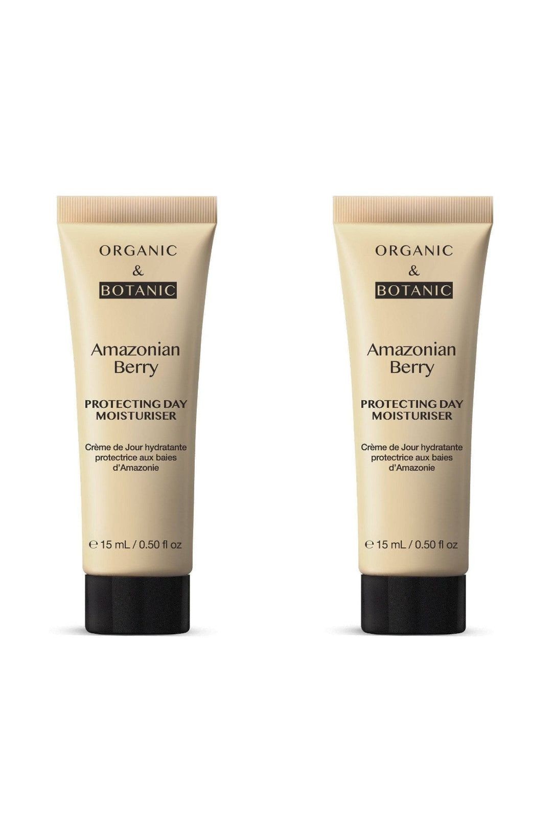 Two 15ml tubes of Organic & Botanic Amazonian Berry Day Moisturiser, featuring a beige and black design with botanical illustrations and product details prominently displayed.