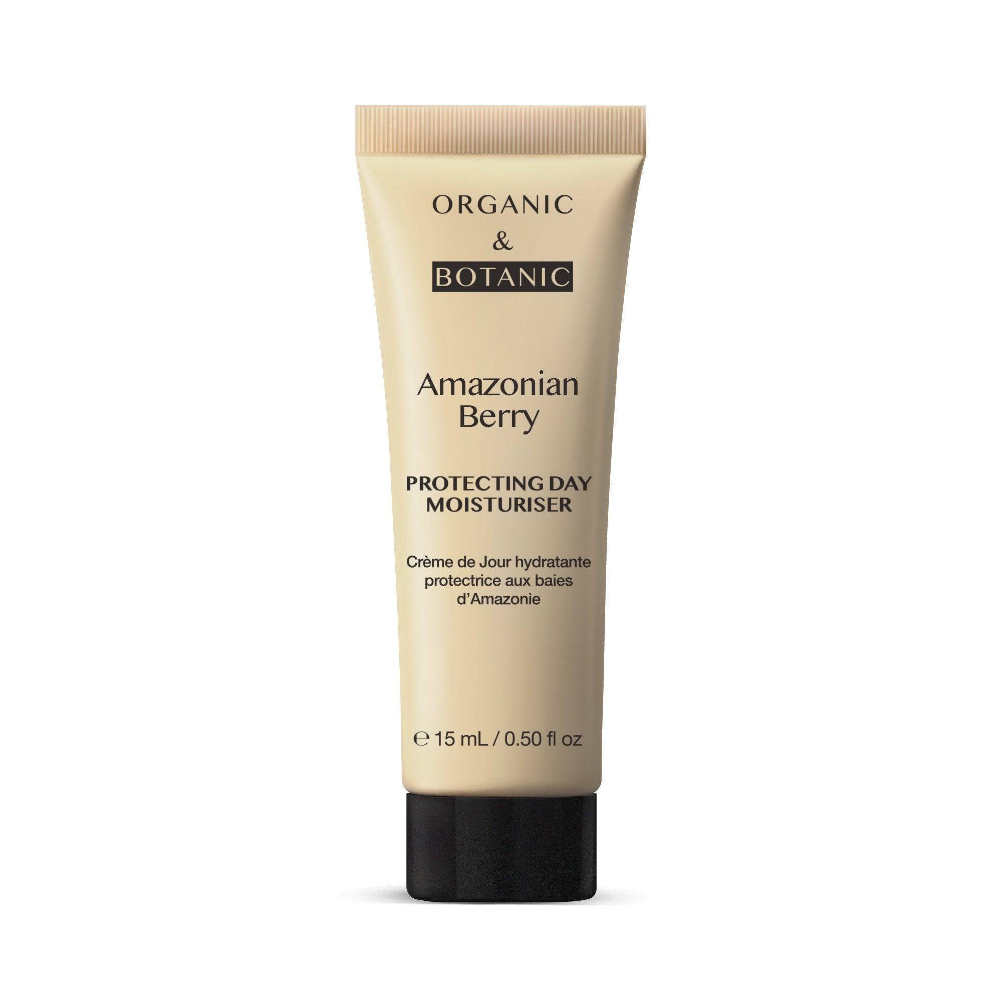 Organic & Botanic Amazonian Berry Day Moisturiser in a 15ml beige tube with black cap, featuring elegant typography and a simple, natural design.